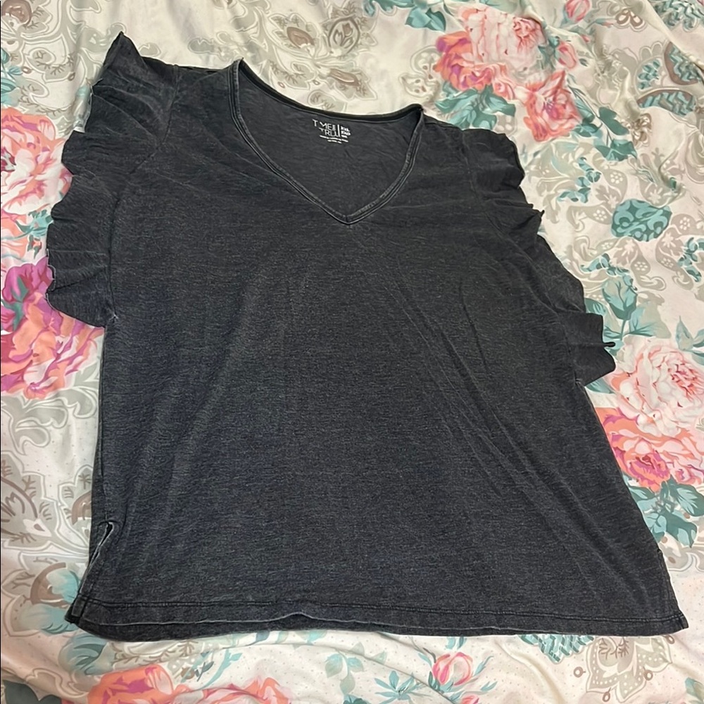 Time and Tru Black Ruffled Cap Sleeve Blouse